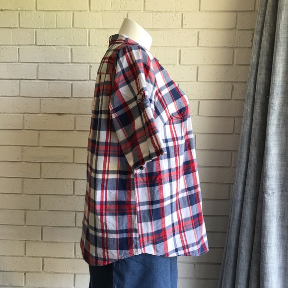 Cotton Shirt Button Down Roll Tab Short Sleeve Red White Blue Woman Within Sz 1X - Picture 7 of 10
